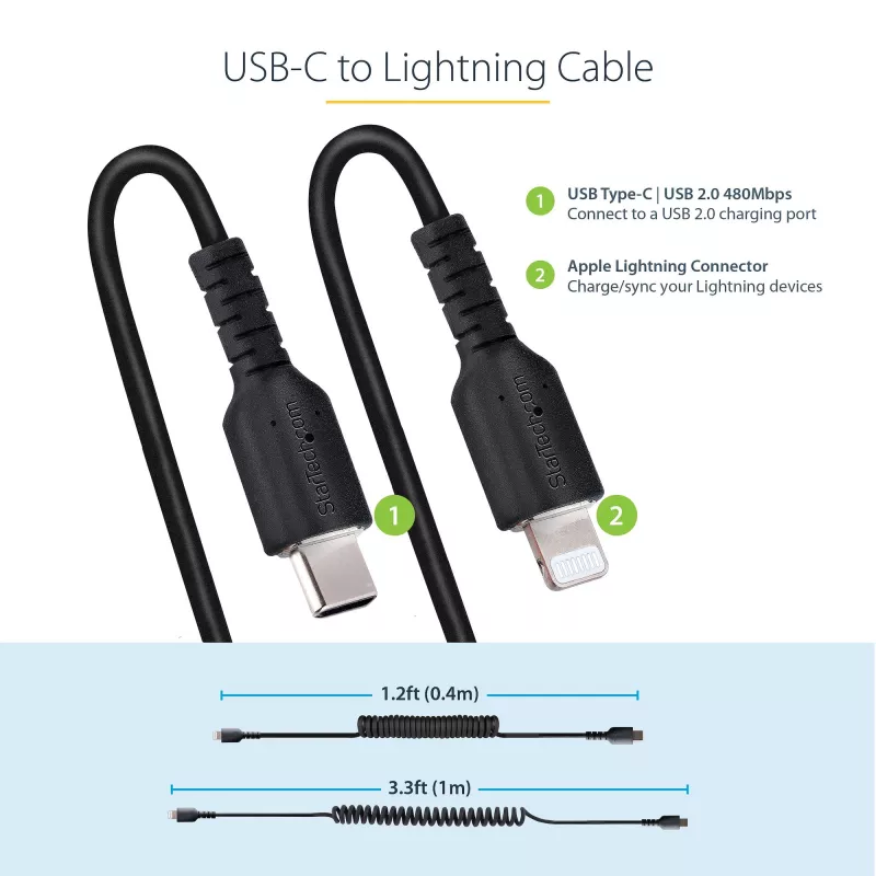 StarTech.com 1m (3 pėd.) USB-C į Lightning laidas, MFi sertifikuotas, spiralinis iPhone įkroviklio laidas, juodas, patvarus TPE apvalkalas aramidiniu pluoštu, itin tvirtas spiralinis Lightning laidas