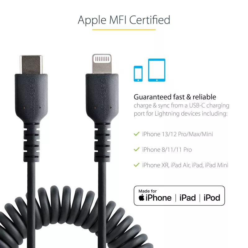 StarTech.com 1m (3 pėd.) USB-C į Lightning laidas, MFi sertifikuotas, spiralinis iPhone įkroviklio laidas, juodas, patvarus TPE apvalkalas aramidiniu pluoštu, itin tvirtas spiralinis Lightning laidas