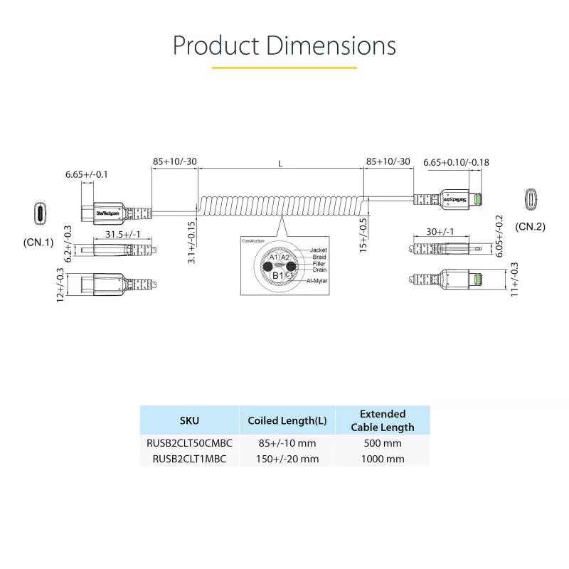 StarTech.com 1m (3 pėd.) USB-C į Lightning laidas, MFi sertifikuotas, spiralinis iPhone įkroviklio laidas, juodas, patvarus TPE apvalkalas aramidiniu pluoštu, itin tvirtas spiralinis Lightning laidas