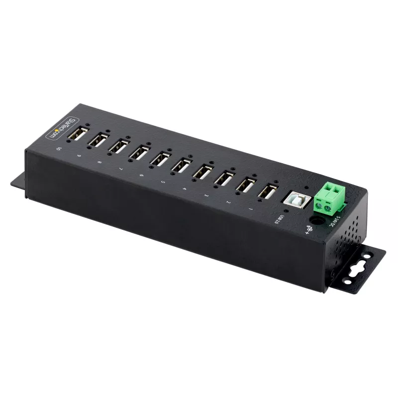 StarTech.com 10 prievadų pramoninis USB 2.0 šakotuvas, tvirtas USB šakotuvas su ESD 4 lygio apsauga, DIN/sienos/stalo montavimo USB-A šakotuvas, USB prievadų išplėtėjas su fiksuojamais prievadais, daugia prievadų USB šakotuvas