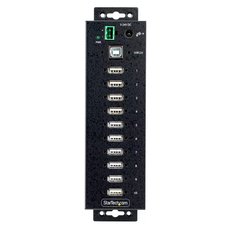 StarTech.com 10 prievadų pramoninis USB 2.0 šakotuvas, tvirtas USB šakotuvas su ESD 4 lygio apsauga, DIN/sienos/stalo montavimo USB-A šakotuvas, USB prievadų išplėtėjas su fiksuojamais prievadais, daugia prievadų USB šakotuvas