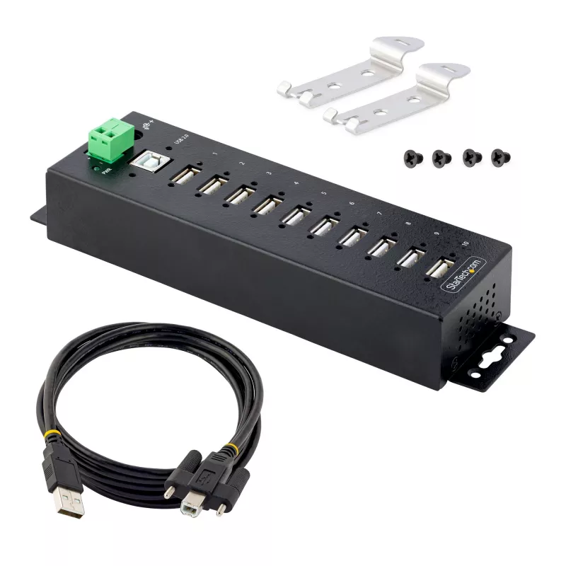StarTech.com 10 prievadų pramoninis USB 2.0 šakotuvas, tvirtas USB šakotuvas su ESD 4 lygio apsauga, DIN/sienos/stalo montavimo USB-A šakotuvas, USB prievadų išplėtėjas su fiksuojamais prievadais, daugia prievadų USB šakotuvas