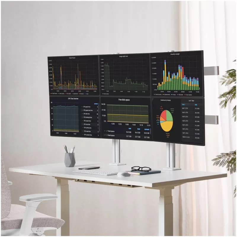 “StarTech.com” šešių monitorių stalinis laikiklis su skersiniu, iki 32 colių kompiuterių ekranams, maks. po 17,6 svaro (8 kg), dviejų stulpelių, C formos spaustuvas / kiauryminis tvirtinimas, reguliuojamas aukštis