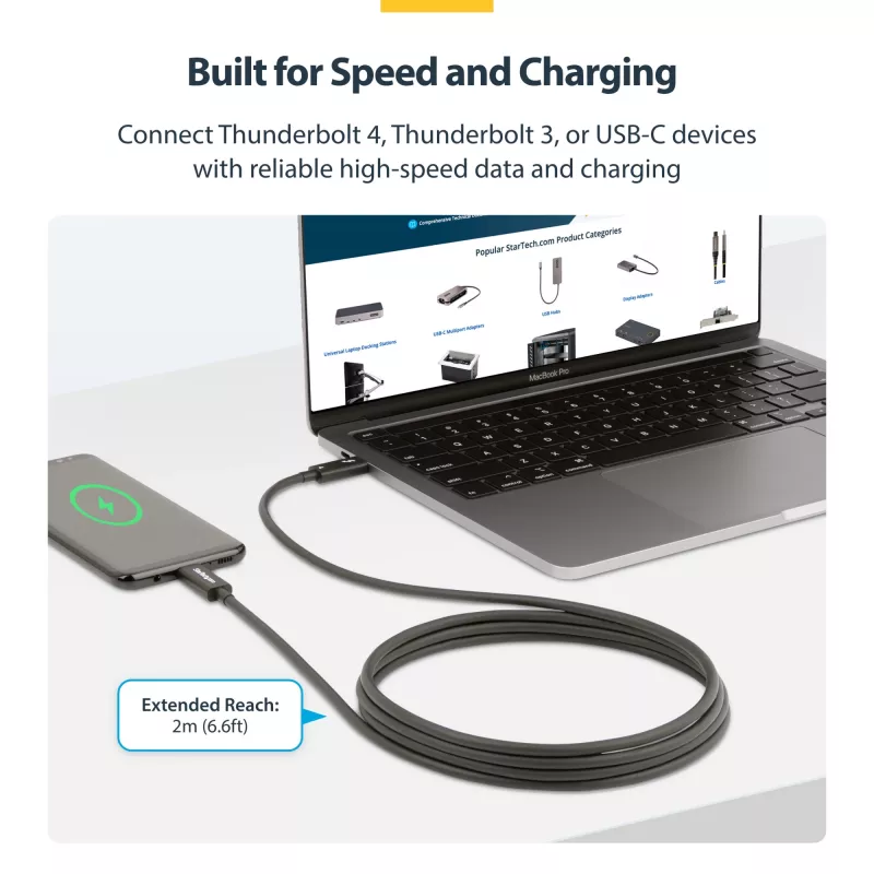 StarTech.com 2 m aktyvus Thunderbolt 4 laidas, 40 Gbps, 100 W Power Delivery, 4K/8K vaizdas, Intel sertifikuotas Thunderbolt laidas – suderinamas su USB4 / Thunderbolt 4 / USB 3.2 / USB Type-C / DisplayPort / Thunderbolt 3