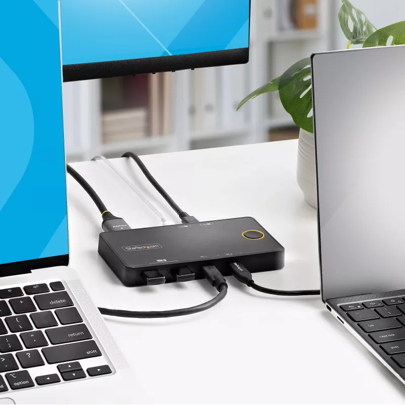 StarTech.com 2 prievadų USB-C KVM jungiklis, vienas 4K 60Hz HDMI monitorius, dvigubi 100W maitinimo perdavimo prievadai, maitinamas per magistralę, suderinamas su USB Type-C/USB4/Thunderbolt 3/4 – mažas korpusas