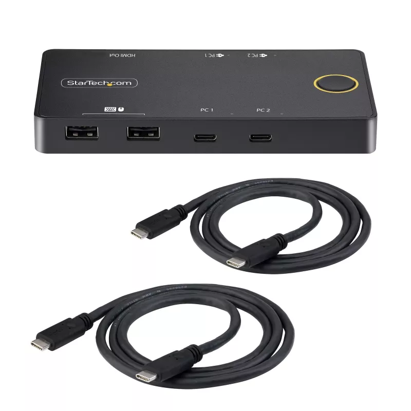 StarTech.com 2 prievadų USB-C KVM jungiklis, vienas 4K 60Hz HDMI monitorius, dvigubi 100W maitinimo perdavimo prievadai, maitinamas per magistralę, suderinamas su USB Type-C/USB4/Thunderbolt 3/4 – mažas korpusas