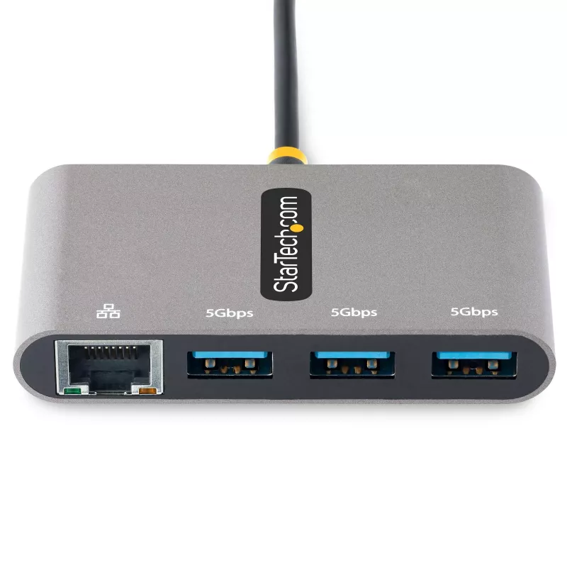 StarTech.com 3 prievadų USB-C šakotuvas su eterneto prievadu - 3x USB-A - Gigabit Ethernet - USB 3.0 5 Gbps - maitinamas per USB - 30 cm integruotas USB-C laidas - Gigabit Ethernet - nešiojamas USB-C į USB-A šakotuvas