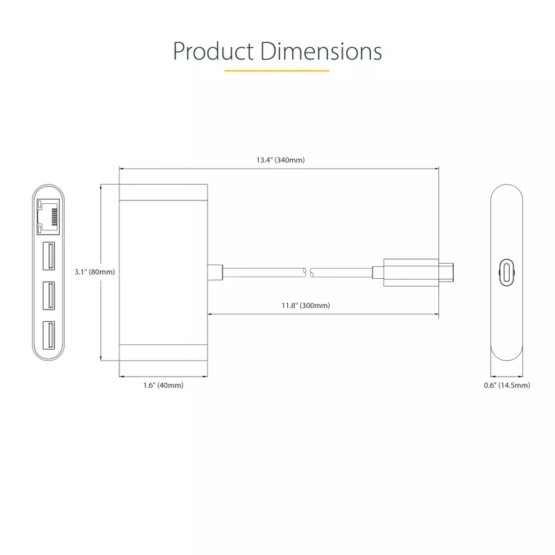 StarTech.com 3 prievadų USB-C šakotuvas su eterneto prievadu - 3x USB-A - Gigabit Ethernet - USB 3.0 5 Gbps - maitinamas per USB - 30 cm integruotas USB-C laidas - Gigabit Ethernet - nešiojamas USB-C į USB-A šakotuvas