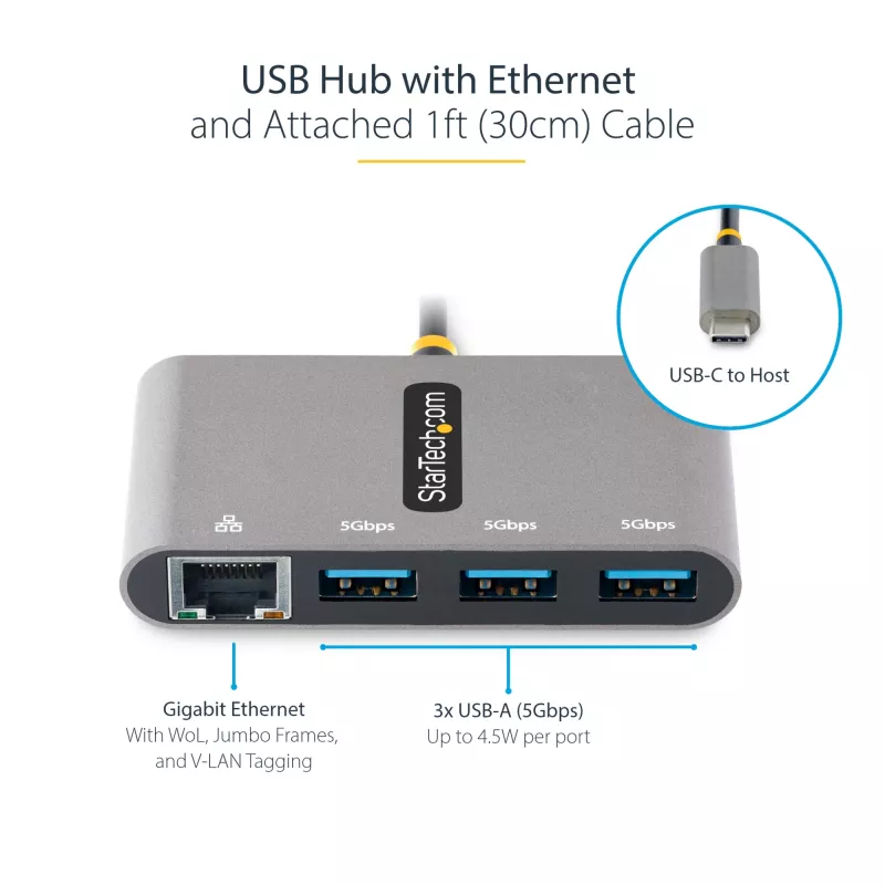StarTech.com 3 prievadų USB-C šakotuvas su eterneto prievadu - 3x USB-A - Gigabit Ethernet - USB 3.0 5 Gbps - maitinamas per USB - 30 cm integruotas USB-C laidas - Gigabit Ethernet - nešiojamas USB-C į USB-A šakotuvas