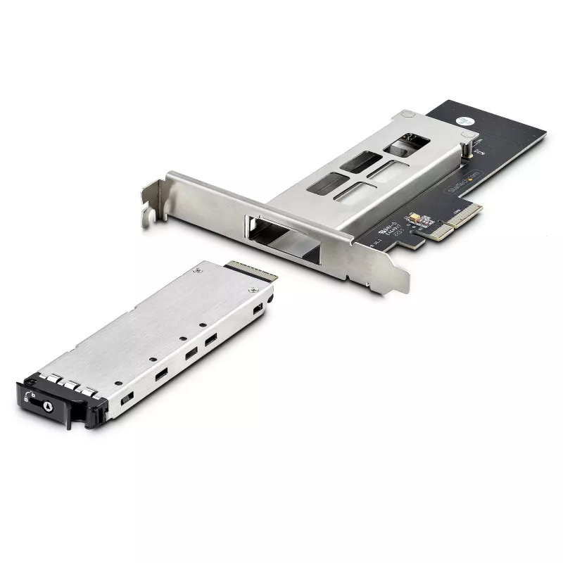 StarTech.com M.2 NVMe SSD į PCIe x4 mobilųjį stovą / galinę plokštę su išimamu dėklu, skirtu PCI Express išplėtimo lizdui, montavimas be įrankių, PCIe 4.0/3.0 karšto keitimo diskų skyrius, raktinis užraktas – pridedami 2 raktai