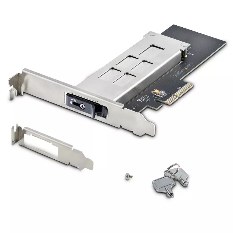 StarTech.com M.2 NVMe SSD į PCIe x4 mobilųjį stovą / galinę plokštę su išimamu dėklu, skirtu PCI Express išplėtimo lizdui, montavimas be įrankių, PCIe 4.0/3.0 karšto keitimo diskų skyrius, raktinis užraktas – pridedami 2 raktai