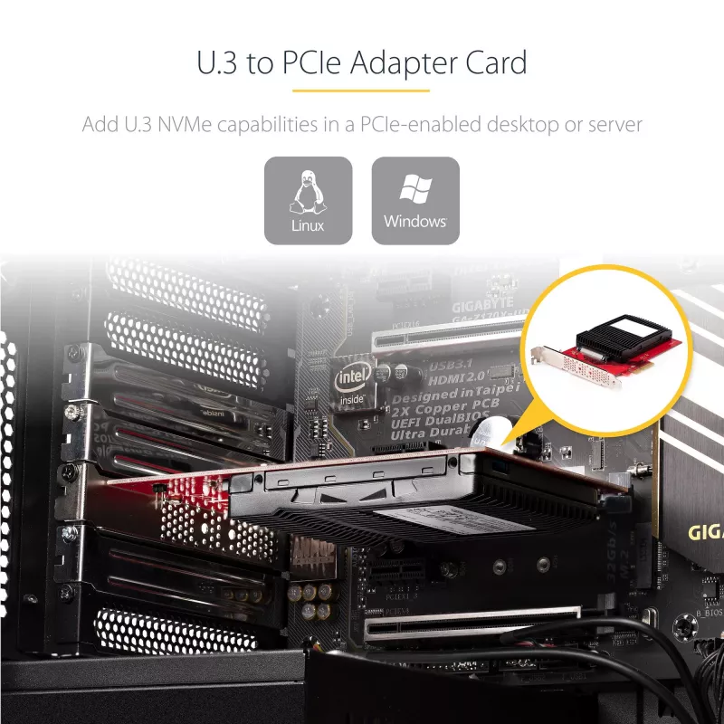StarTech.com U.3 į PCIe adapterio plokštė, PCIe 4.0 x4 adapteris 2,5 colio U.3 NVMe SSD diskams, SFF-TA-1001 PCI Express išplėtimo plokštė staliniams kompiuteriams / serveriams, TAA atitinkanti – nepriklausoma nuo OS