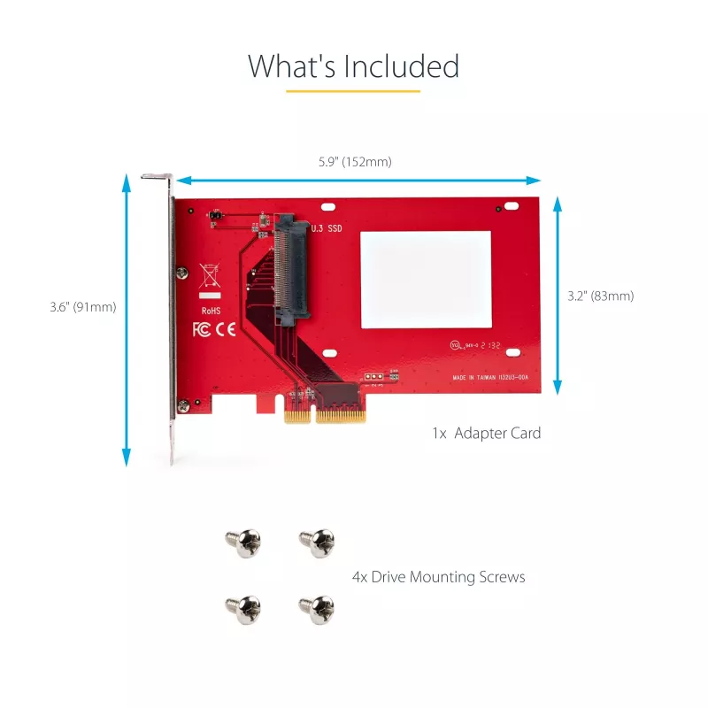 StarTech.com U.3 į PCIe adapterio plokštė, PCIe 4.0 x4 adapteris 2,5 colio U.3 NVMe SSD diskams, SFF-TA-1001 PCI Express išplėtimo plokštė staliniams kompiuteriams / serveriams, TAA atitinkanti – nepriklausoma nuo OS