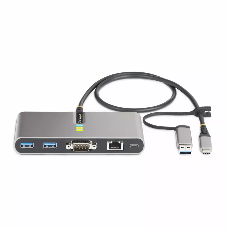 “StarTech.com” 2 prievadų USB-C šakotuvas su eternetu ir RS-232, pritvirtintas USB-C į USB-A adapteris, 100W PD pralaidumas, 2x USB-A 5Gbps, gigabitinis eternetas, RS232 nuoseklusis (FTDI)