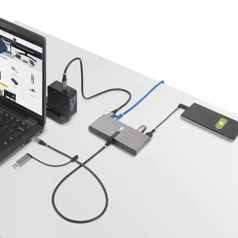 “StarTech.com” 2 prievadų USB-C šakotuvas su eternetu ir RS-232, pritvirtintas USB-C į USB-A adapteris, 100W PD pralaidumas, 2x USB-A 5Gbps, gigabitinis eternetas, RS232 nuoseklusis (FTDI)