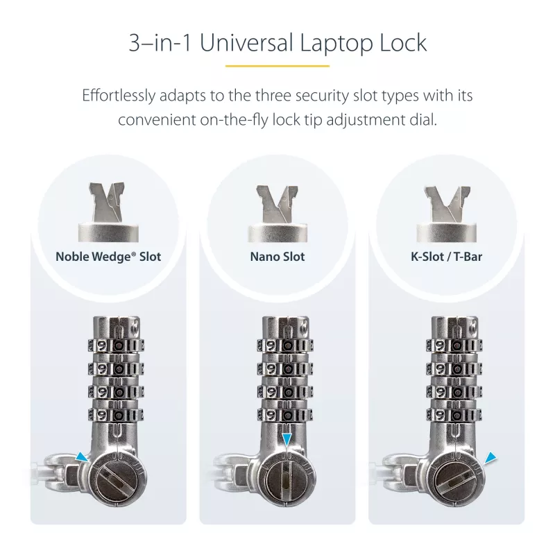 StarTech.com Universalus nešiojamojo kompiuterio užraktas 6.6 pėdų (2 m), apsaugos kabelis nešiojamajam kompiuteriui, suderinamas su Noble Wedge®/Nano/K-Slot; beraktis kombinacinis užrakinimo kabelis, apsaugotas nuo vagystės, atsparus pjovimui plieninis kabelis