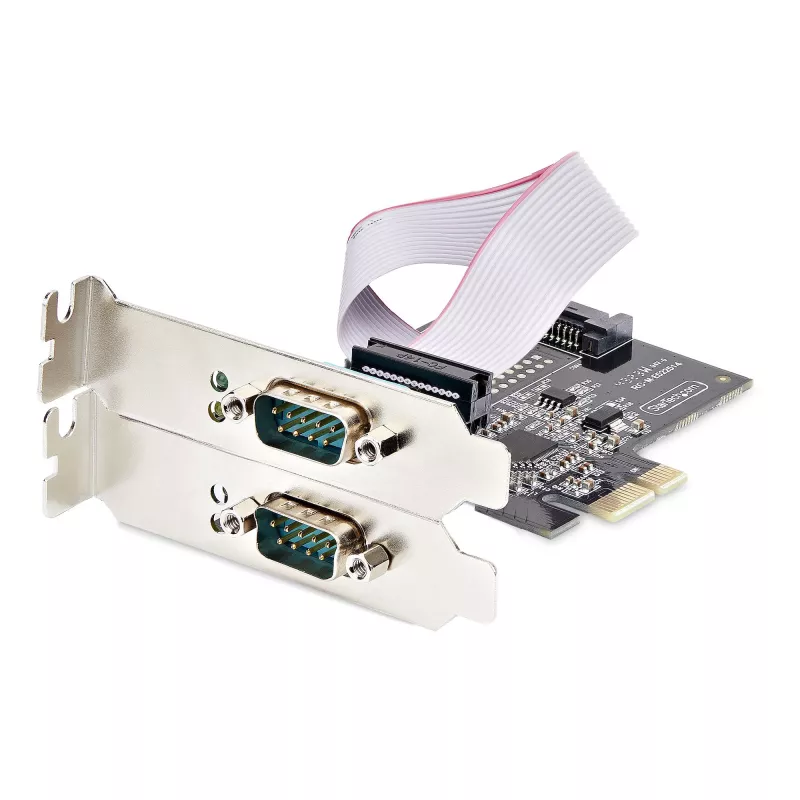 StarTech.com 2 prievadų nuosekliojo porto PCIe kortelė, dviejų prievadų PCI Express į RS232/RS422/RS485 (DB9) nuosekliojo porto kortelė, žemo profilio laikikliai komplekte, 16C1050 UART, Windows/Linux, TAA atitinkanti – 4 lygio ESD apsauga