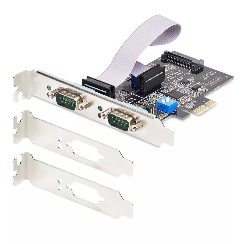 StarTech.com 2 prievadų nuosekliojo porto PCIe kortelė, dviejų prievadų PCI Express į RS232/RS422/RS485 (DB9) nuosekliojo porto kortelė, žemo profilio laikikliai komplekte, 16C1050 UART, Windows/Linux, TAA atitinkanti – 4 lygio ESD apsauga