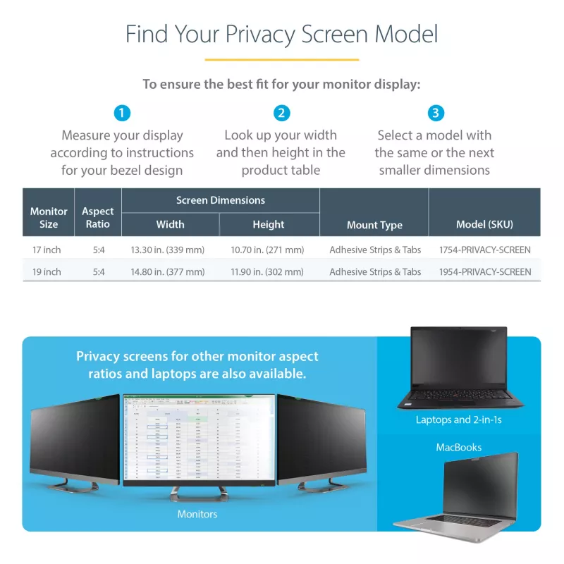 StarTech.com 17 colių 5:4 kompiuterio monitoriaus privatumo filtras, nuo akinimo apsaugantis privatumo ekranas su 51 % mėlynos šviesos mažinimu, monitoriaus ekrano apsauga su +/- 30° matymo kampu
