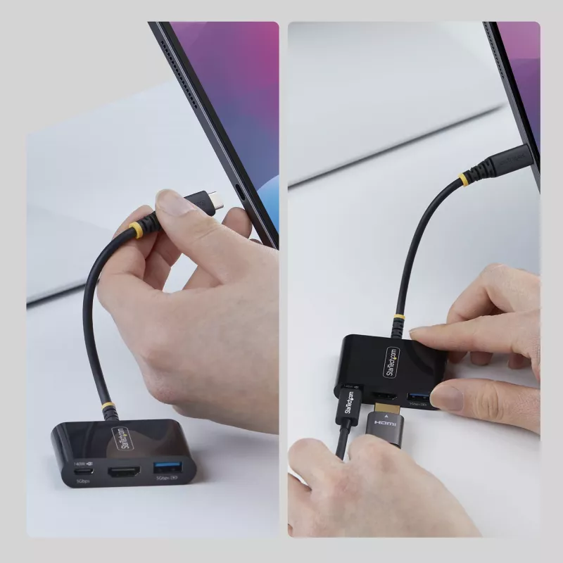 StarTech.com USB-C į HDMI daugiafunkcis adapteris su 140 W PD įkrovimu, 4K 60Hz HDMI, USB 5Gbps šakotuvas, mini dokas, skirtas MacBook / Dell / Thinkpad / HP / iPad / planšetiniams kompiuteriams