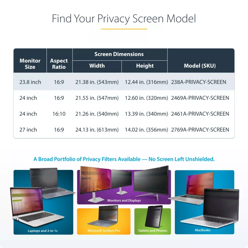 StarTech.com 23,8 col. 16:9 kompiuterio monitoriaus privatumo ekranas, pakabinamas akrilo filtras, greitai montuojama apsauginė priemonė, monitoriaus ekrano apsauga, +/- 30° matymo kampas, blizgus