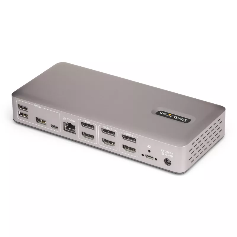 „StarTech.com“ trijų monitorių USB4 prijungimo stotelė, 4K 60Hz HDMI arba DisplayPort, 100W nešiojamojo kompiuterio įkrovimas, 2,5GbE, USB-C kelių monitorių dokas, nereikalaujanti tvarkyklių
