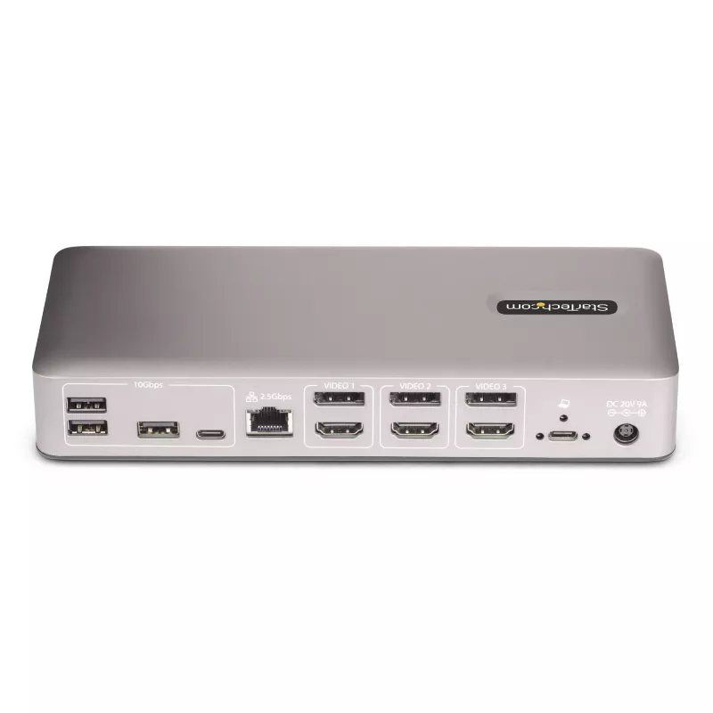 „StarTech.com“ trijų monitorių USB4 prijungimo stotelė, 4K 60Hz HDMI arba DisplayPort, 100W nešiojamojo kompiuterio įkrovimas, 2,5GbE, USB-C kelių monitorių dokas, nereikalaujanti tvarkyklių