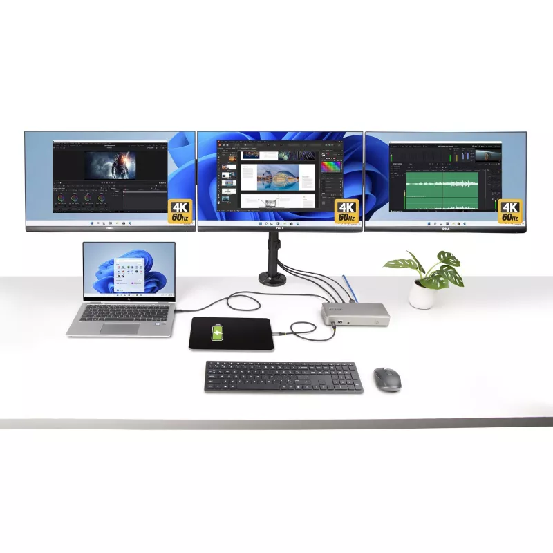 „StarTech.com“ trijų monitorių USB4 prijungimo stotelė, 4K 60Hz HDMI arba DisplayPort, 100W nešiojamojo kompiuterio įkrovimas, 2,5GbE, USB-C kelių monitorių dokas, nereikalaujanti tvarkyklių