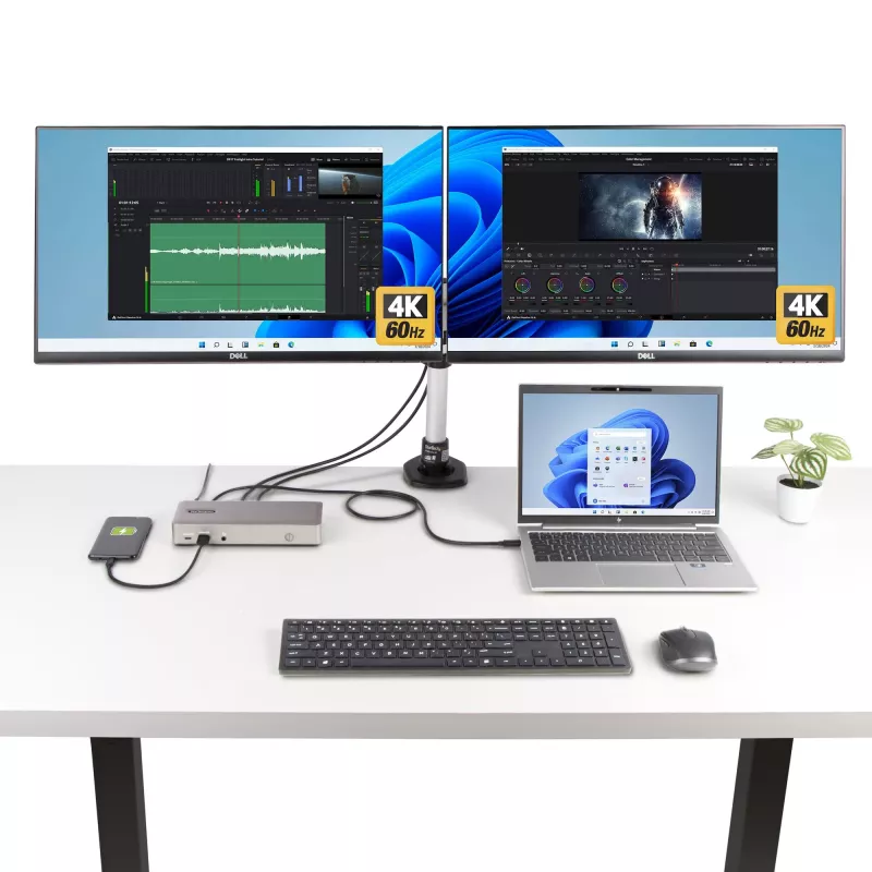 „StarTech.com“ trijų monitorių USB4 prijungimo stotelė, 4K 60Hz HDMI arba DisplayPort, 100W nešiojamojo kompiuterio įkrovimas, 2,5GbE, USB-C kelių monitorių dokas, nereikalaujanti tvarkyklių