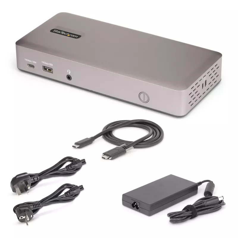 „StarTech.com“ trijų monitorių USB4 prijungimo stotelė, 4K 60Hz HDMI arba DisplayPort, 100W nešiojamojo kompiuterio įkrovimas, 2,5GbE, USB-C kelių monitorių dokas, nereikalaujanti tvarkyklių