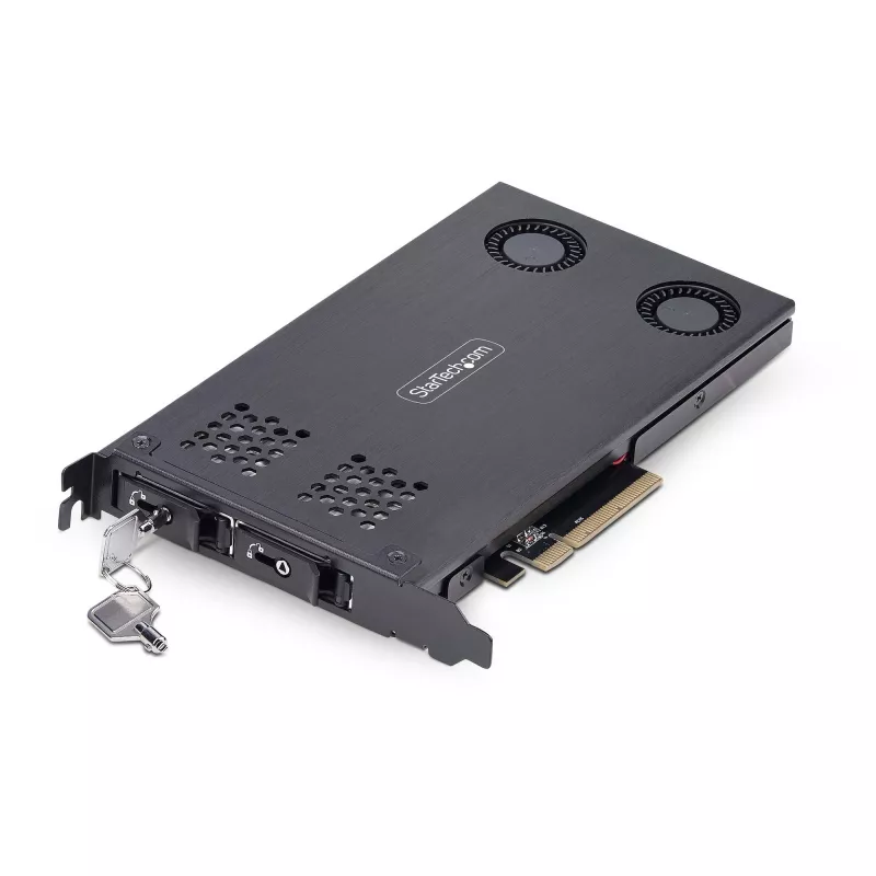 StarTech.com dviejų lizdų M.2 NVMe SSD į PCIe x8 išimamas mobilusis stovas; reikalingas bifurkavimas; montavimas be įrankių, PCIe galinė plokštė su dviem karšto keitimo diskų lizdais