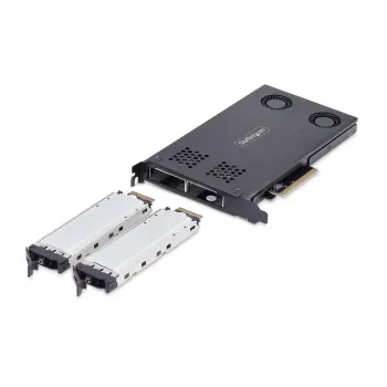 StarTech.com dviejų lizdų M.2 NVMe SSD į PCIe x8 išimamas mobilusis stovas; reikalingas bifurkavimas; montavimas be įrankių, PCIe galinė plokštė su dviem karšto keitimo diskų lizdais