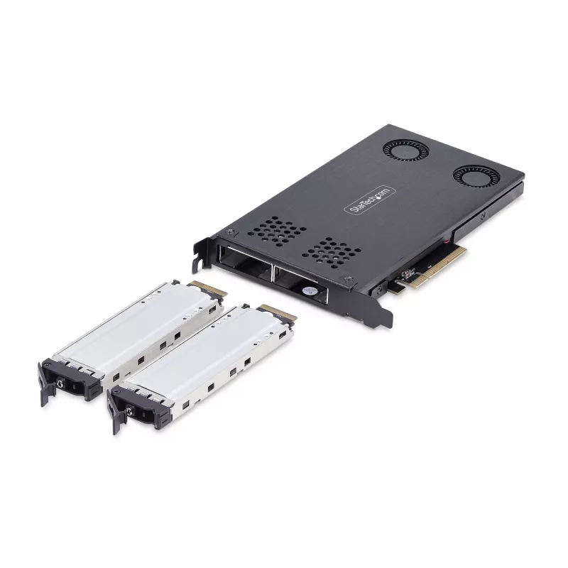 StarTech.com dviejų lizdų M.2 NVMe SSD į PCIe x8 išimamas mobilusis stovas; reikalingas bifurkavimas; montavimas be įrankių, PCIe galinė plokštė su dviem karšto keitimo diskų lizdais