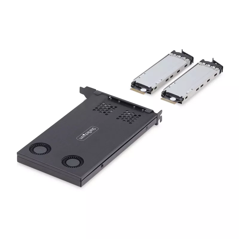 StarTech.com dviejų lizdų M.2 NVMe SSD į PCIe x8 išimamas mobilusis stovas; reikalingas bifurkavimas; montavimas be įrankių, PCIe galinė plokštė su dviem karšto keitimo diskų lizdais