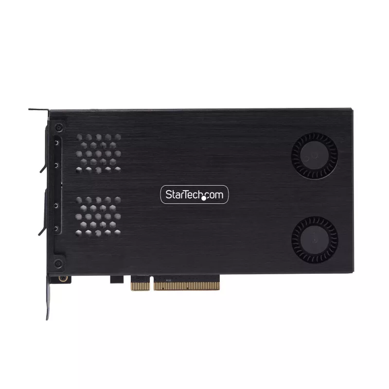 StarTech.com dviejų lizdų M.2 NVMe SSD į PCIe x8 išimamas mobilusis stovas; reikalingas bifurkavimas; montavimas be įrankių, PCIe galinė plokštė su dviem karšto keitimo diskų lizdais