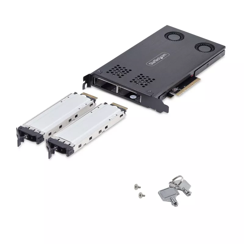StarTech.com dviejų lizdų M.2 NVMe SSD į PCIe x8 išimamas mobilusis stovas; reikalingas bifurkavimas; montavimas be įrankių, PCIe galinė plokštė su dviem karšto keitimo diskų lizdais
