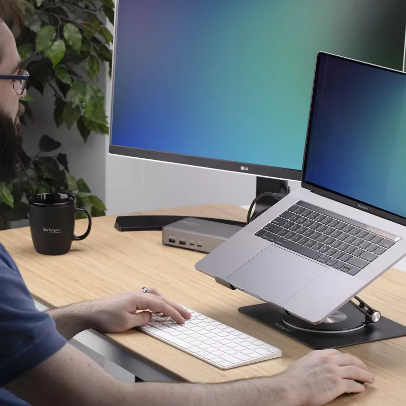 StarTech.com Sukamas nešiojamojo kompiuterio stovas, 360° pasukamas, ergonominis staltiesės kėliklis kompiuteriui, pakeliamas dėklas su reguliuojamu pasvirimu, maks. 11 svarų/5 kg, aliuminio konstrukcija, nešiojamas dizainas
