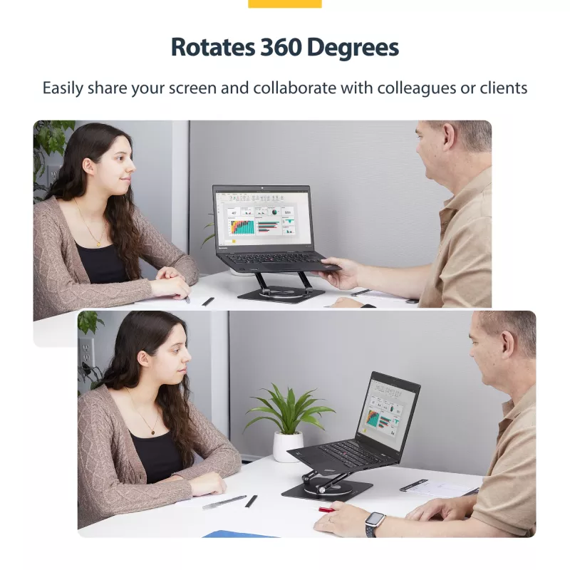 StarTech.com Sukamas nešiojamojo kompiuterio stovas, 360° pasukamas, ergonominis staltiesės kėliklis kompiuteriui, pakeliamas dėklas su reguliuojamu pasvirimu, maks. 11 svarų/5 kg, aliuminio konstrukcija, nešiojamas dizainas