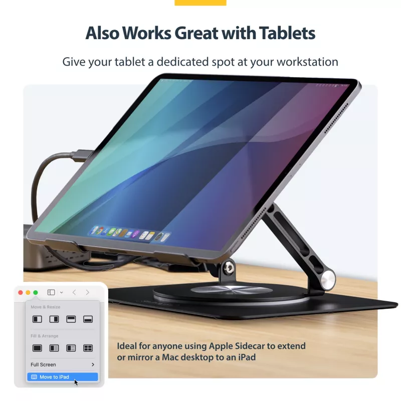StarTech.com Sukamas nešiojamojo kompiuterio stovas, 360° pasukamas, ergonominis staltiesės kėliklis kompiuteriui, pakeliamas dėklas su reguliuojamu pasvirimu, maks. 11 svarų/5 kg, aliuminio konstrukcija, nešiojamas dizainas