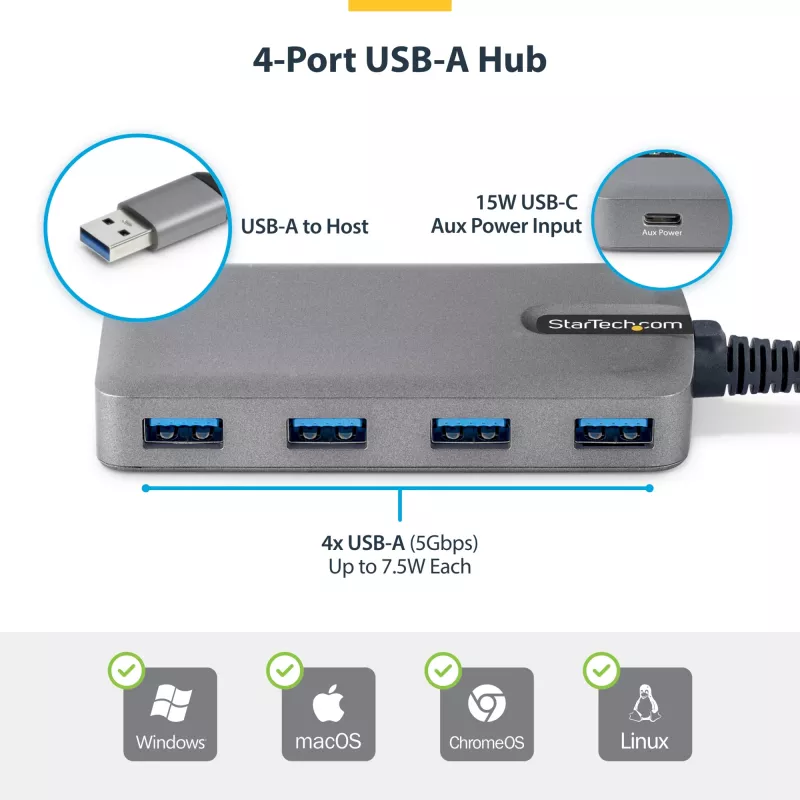 StarTech.com 4 prievadų USB-A šakotuvas, 5 Gbps, maitinamas per magistralę, USB-A į 4x USB-A šakotuvas su USB-C pagalbiniu maitinimo įvadu, 1 pėdos / 30 cm prieglobos kabelis, nešiojamasis staliniam / nešiojamam kompiuteriui skirtas USB šakotuvas