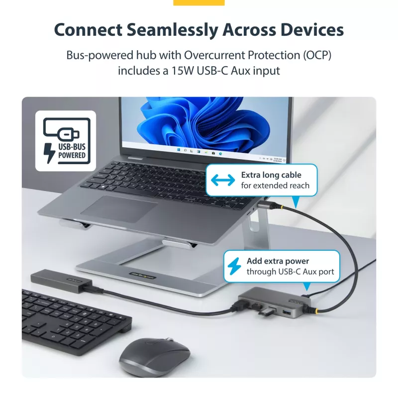 StarTech.com 4 prievadų USB-A šakotuvas, 5 Gbps, maitinamas per magistralę, USB-A į 4x USB-A šakotuvas su USB-C pagalbiniu maitinimo įvadu, 1 pėdos / 30 cm prieglobos kabelis, nešiojamasis staliniam / nešiojamam kompiuteriui skirtas USB šakotuvas