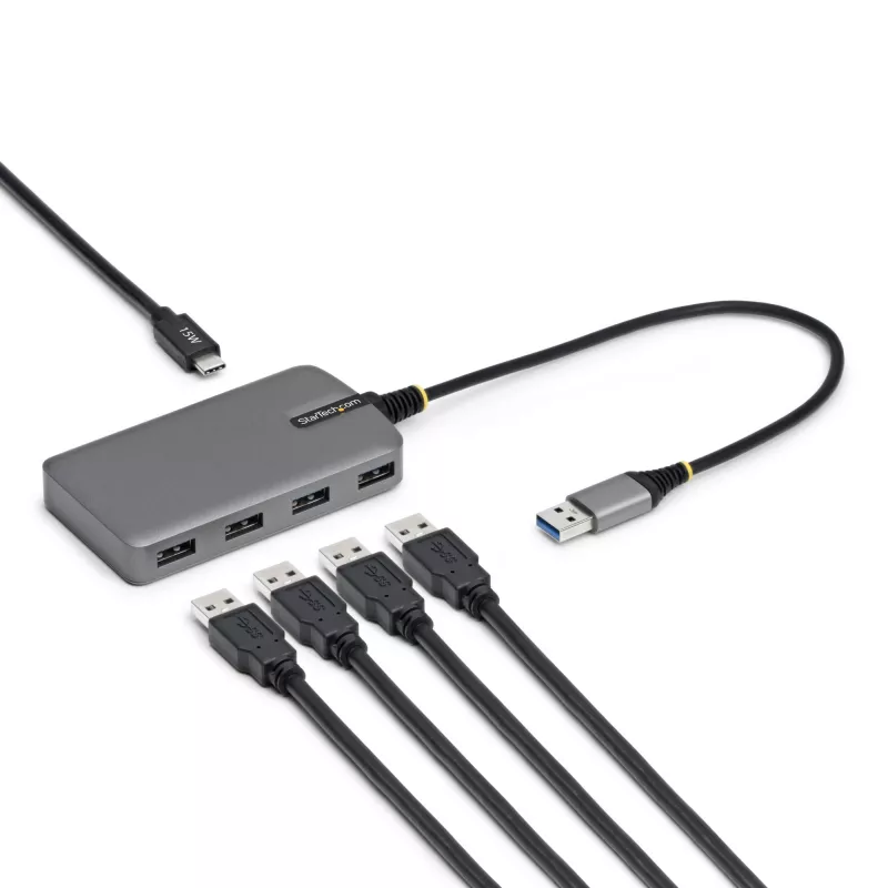StarTech.com 4 prievadų USB-A šakotuvas, 5 Gbps, maitinamas per magistralę, USB-A į 4x USB-A šakotuvas su USB-C pagalbiniu maitinimo įvadu, 1 pėdos / 30 cm prieglobos kabelis, nešiojamasis staliniam / nešiojamam kompiuteriui skirtas USB šakotuvas