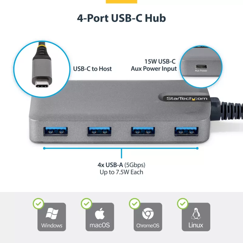 StarTech.com 4 prievadų USB-C šakotuvas, 5 Gbps, maitinamas per magistralę, USB-C į 4x USB-A šakotuvas su USB-C pagalbiniu maitinimo įvadu, 30 cm pagrindinis laidas, nešiojamas staliniams / nešiojamiesiems kompiuteriams USB šakotuvas