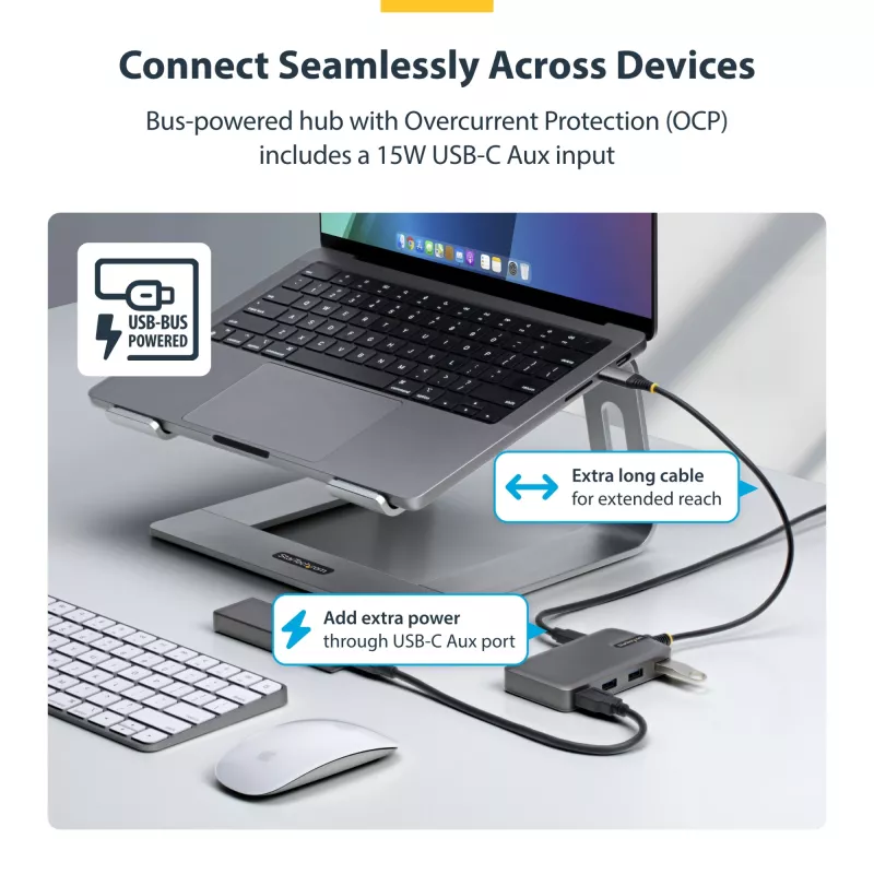 StarTech.com 4 prievadų USB-C šakotuvas, 5 Gbps, maitinamas per magistralę, USB-C į 4x USB-A šakotuvas su USB-C pagalbiniu maitinimo įvadu, 30 cm pagrindinis laidas, nešiojamas staliniams / nešiojamiesiems kompiuteriams USB šakotuvas