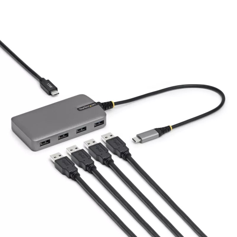 StarTech.com 4 prievadų USB-C šakotuvas, 5 Gbps, maitinamas per magistralę, USB-C į 4x USB-A šakotuvas su USB-C pagalbiniu maitinimo įvadu, 30 cm pagrindinis laidas, nešiojamas staliniams / nešiojamiesiems kompiuteriams USB šakotuvas