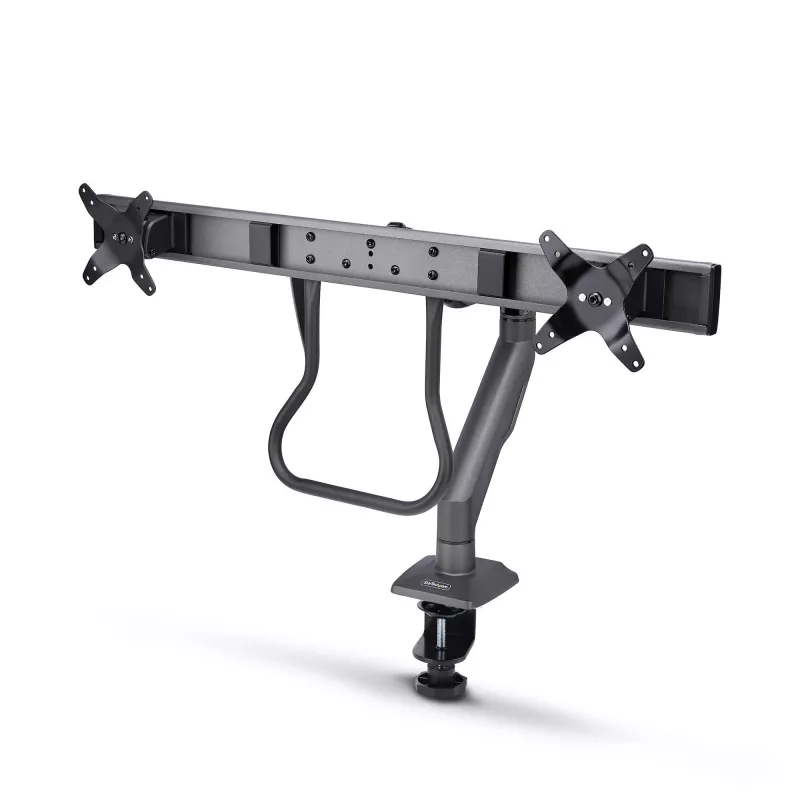 StarTech.com stalinis dvigubas monitoriaus laikiklis su skersiniu, iki 27 colių ekranams, VESA 75x75/100x100, maks. 15 kg, C formos spaustuvas, visiškai lankstus, mechaninė spyruoklė, TAA
