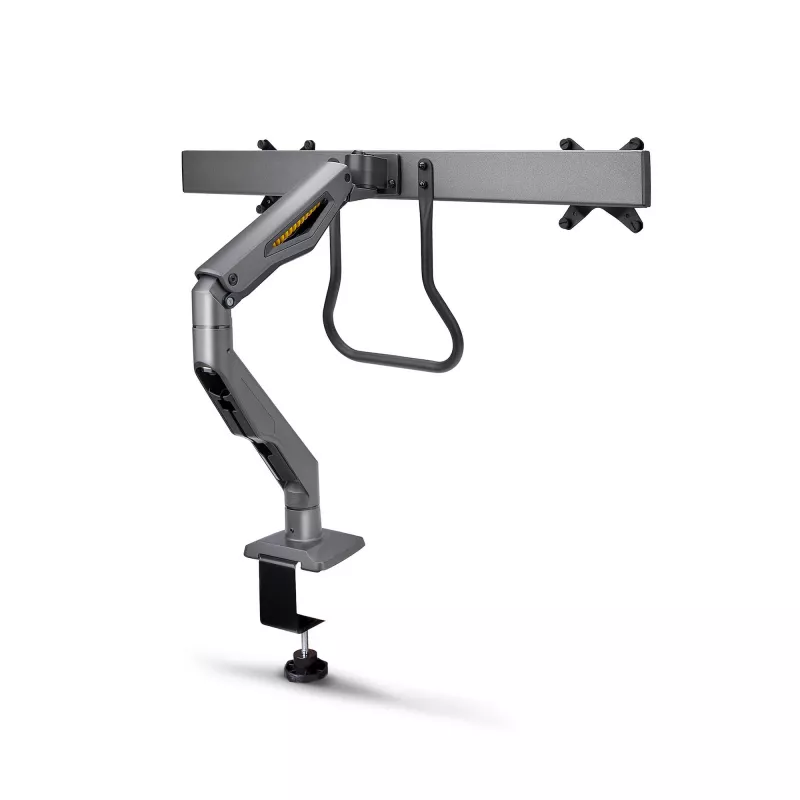 StarTech.com stalinis dvigubas monitoriaus laikiklis su skersiniu, iki 27 colių ekranams, VESA 75x75/100x100, maks. 15 kg, C formos spaustuvas, visiškai lankstus, mechaninė spyruoklė, TAA