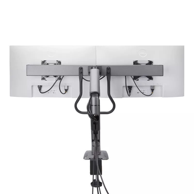 StarTech.com stalinis dvigubas monitoriaus laikiklis su skersiniu, iki 27 colių ekranams, VESA 75x75/100x100, maks. 15 kg, C formos spaustuvas, visiškai lankstus, mechaninė spyruoklė, TAA