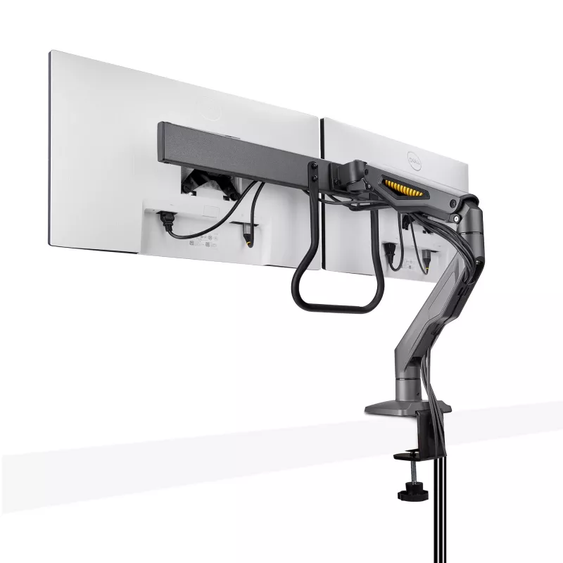 StarTech.com stalinis dvigubas monitoriaus laikiklis su skersiniu, iki 27 colių ekranams, VESA 75x75/100x100, maks. 15 kg, C formos spaustuvas, visiškai lankstus, mechaninė spyruoklė, TAA