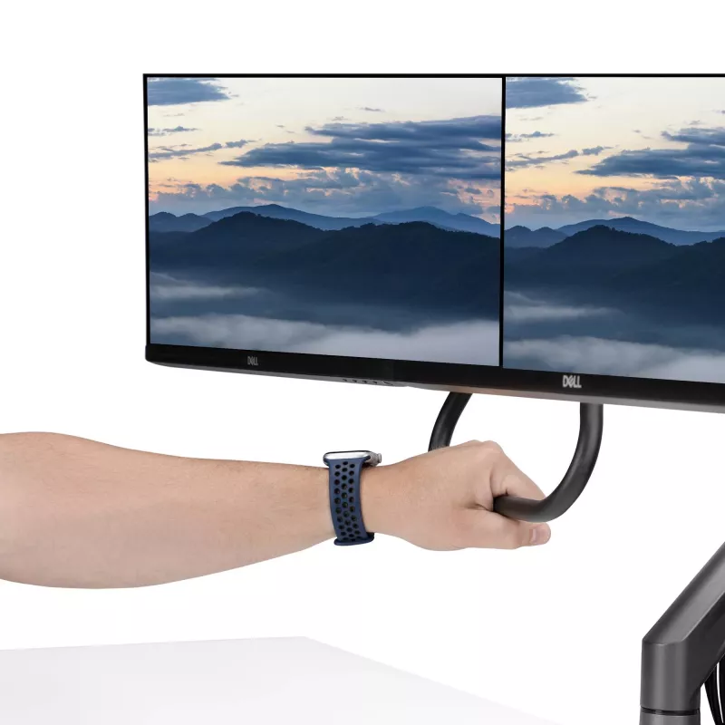 StarTech.com stalinis dvigubas monitoriaus laikiklis su skersiniu, iki 27 colių ekranams, VESA 75x75/100x100, maks. 15 kg, C formos spaustuvas, visiškai lankstus, mechaninė spyruoklė, TAA